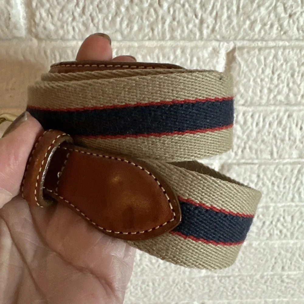 LANDS END Belt Mens 42 Canvas Leather Blue Red Made in USA Golf Vintage